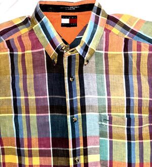 Tommy Hilfiger Mens Multicolor Madras Short Sleeve Button Down Shirt Size XL